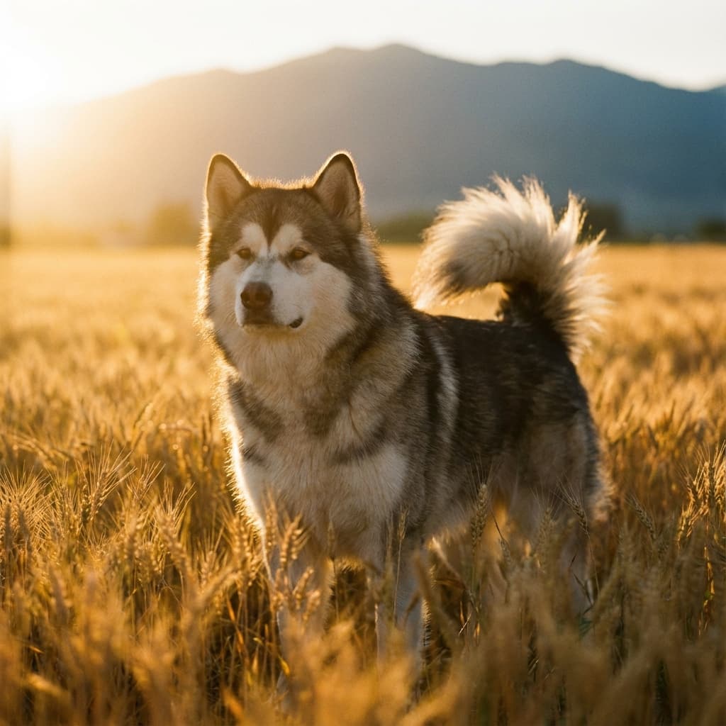Alaskan Malamute in Golden Hour Field style