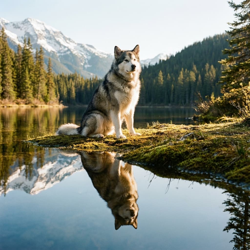 Alaskan Malamute in Lakeside Scene style