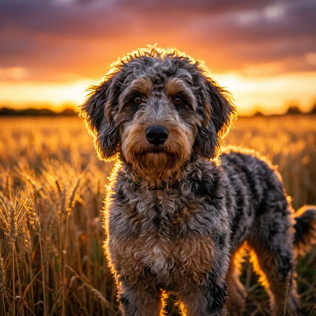 Aussiedoodle in Golden Hour Field style