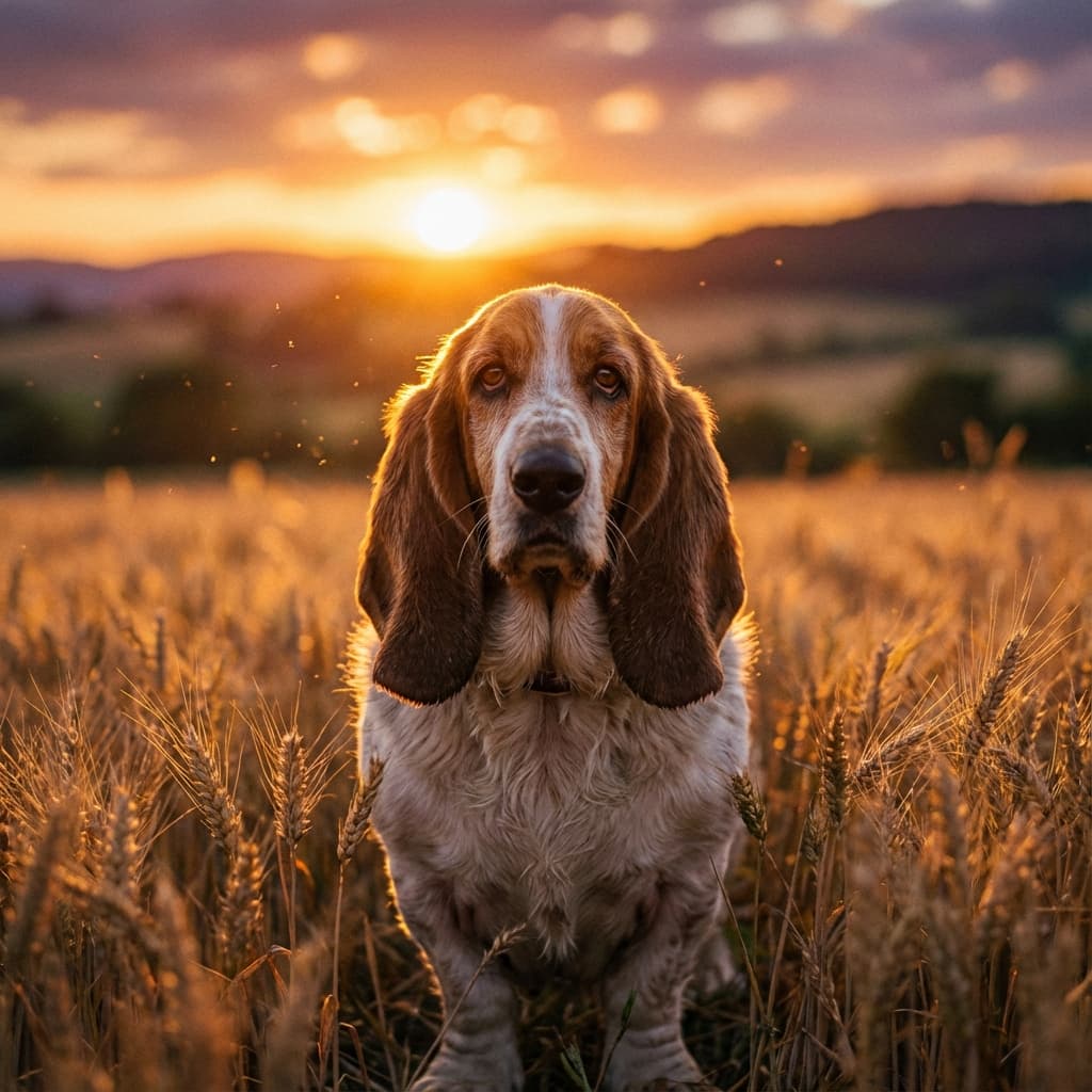 Basset Hound in Golden Hour Field style