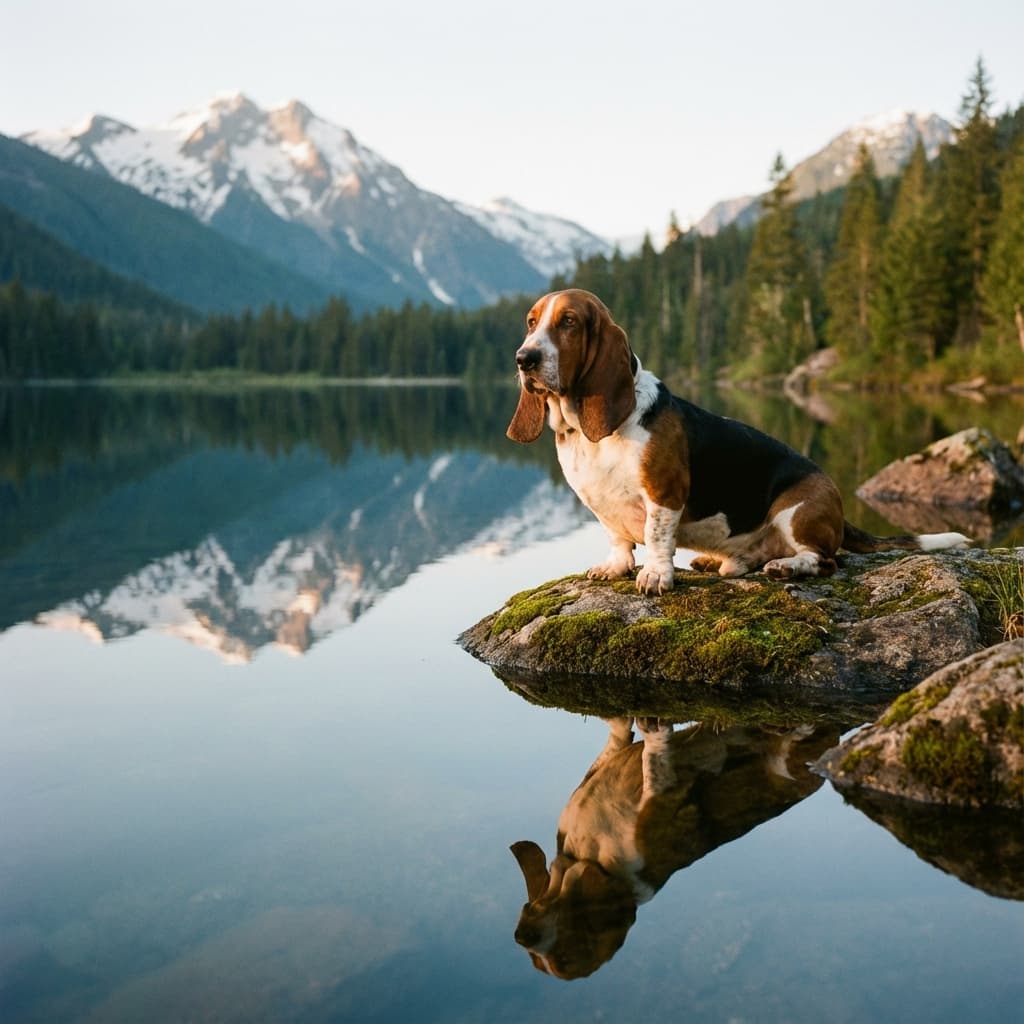 Basset Hound in Lakeside Scene style
