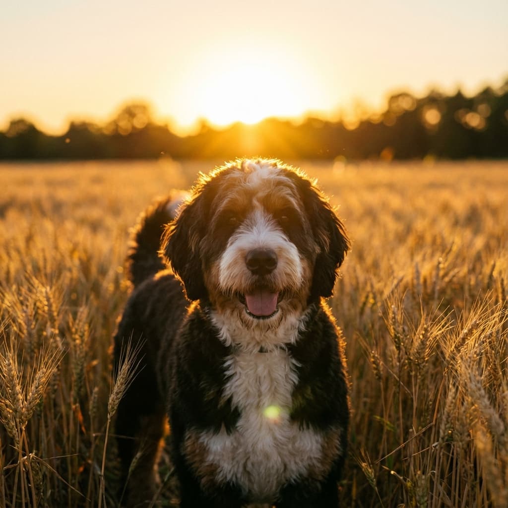 Bernedoodle in Golden Hour Field style