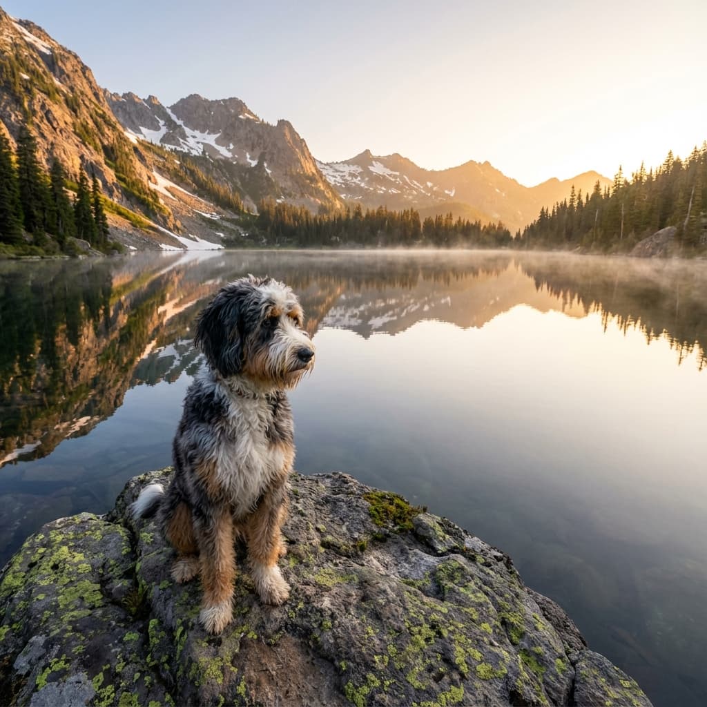 Bernedoodle in Lakeside Scene style