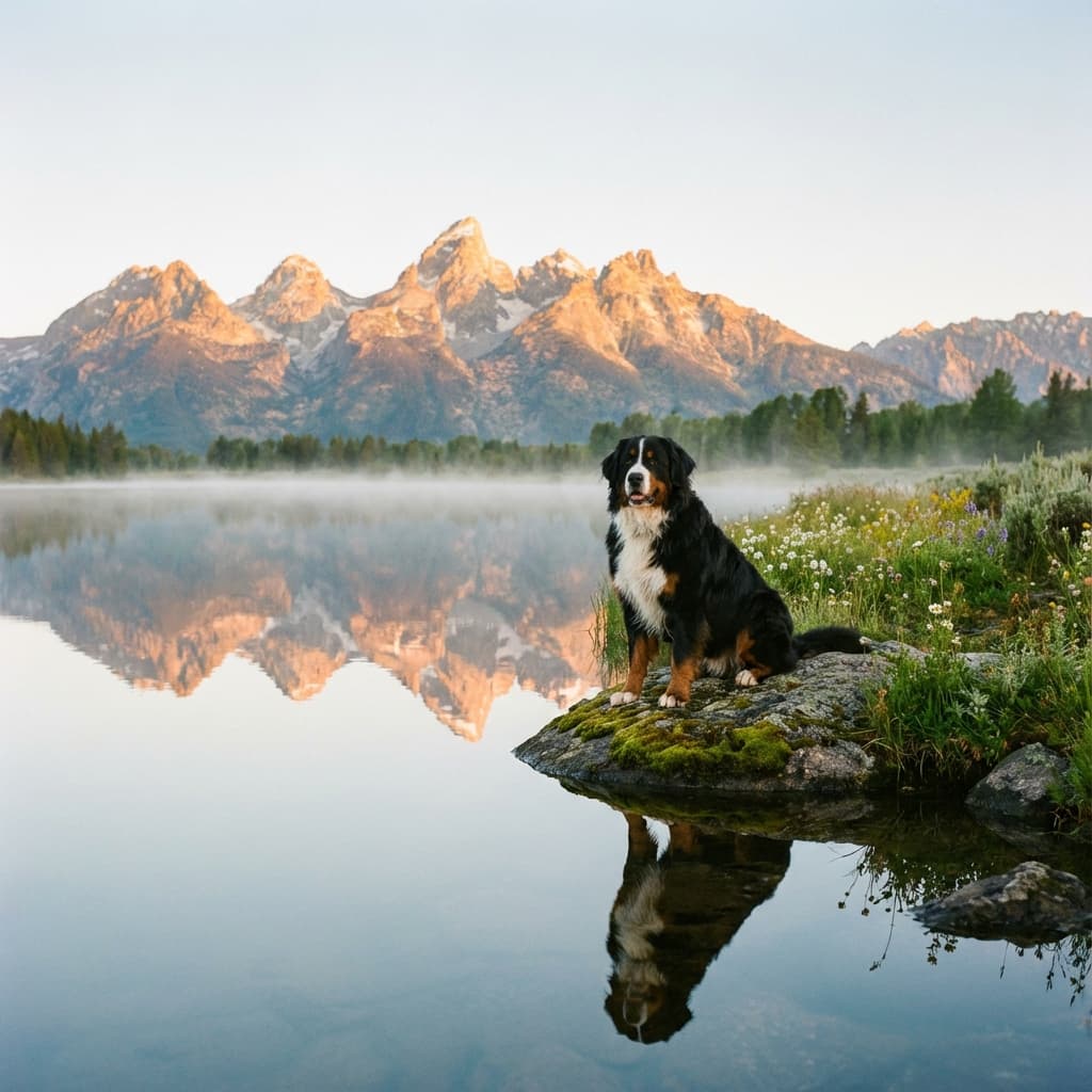 Bernese Mountain Dog in Lakeside Scene style