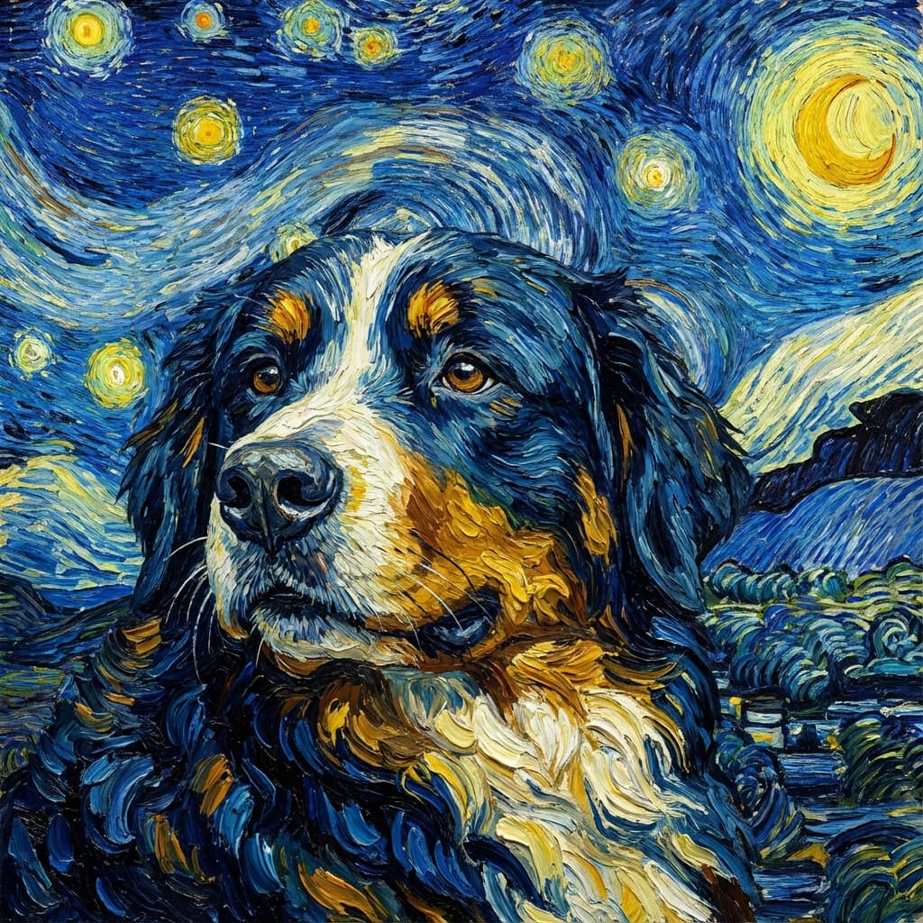 Bernese Mountain Dog in Van Gogh style
