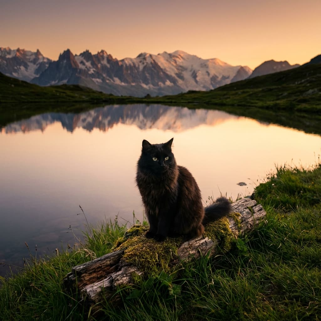 Black Cat in Lakeside Scene style