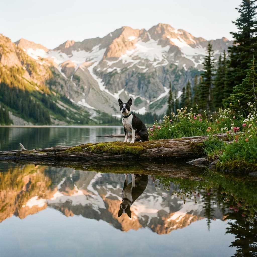 Boston Terrier in Lakeside Scene style
