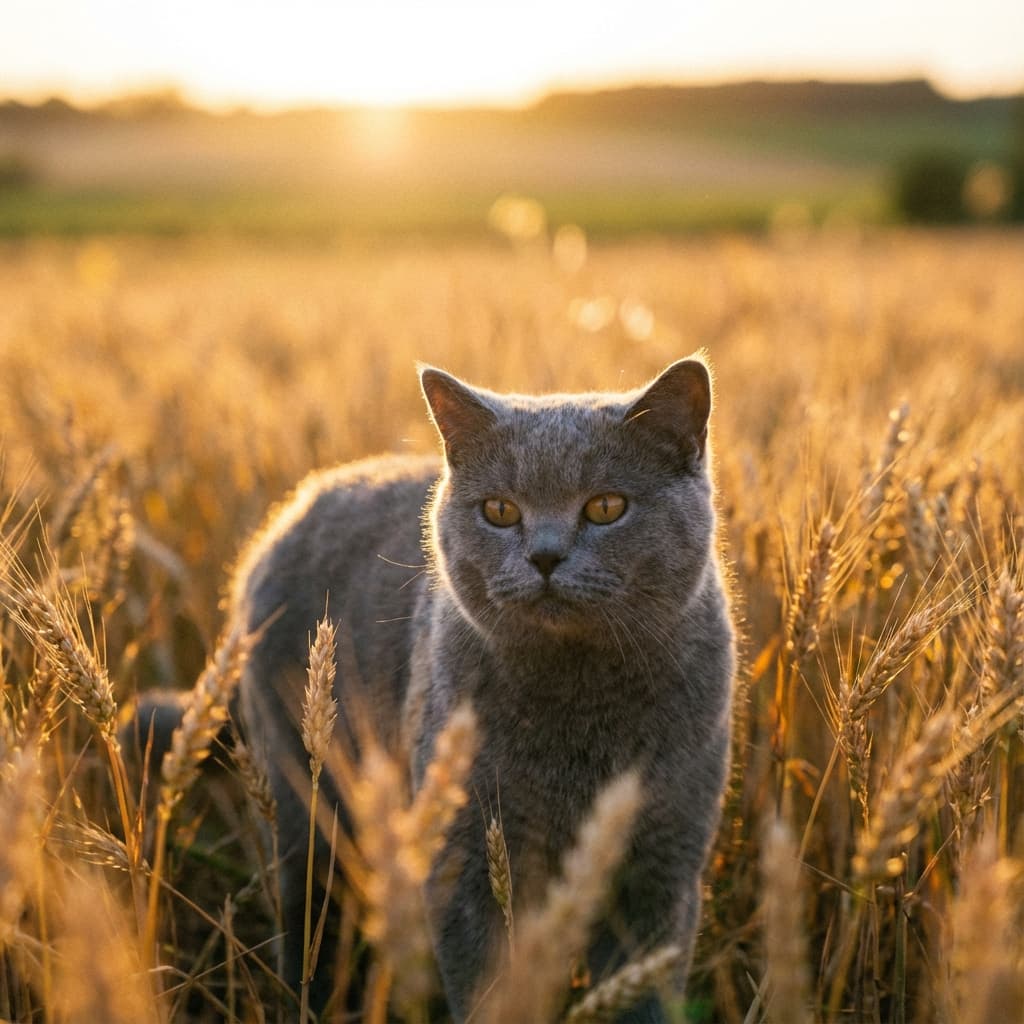 British Shorthair in Golden Hour Field style