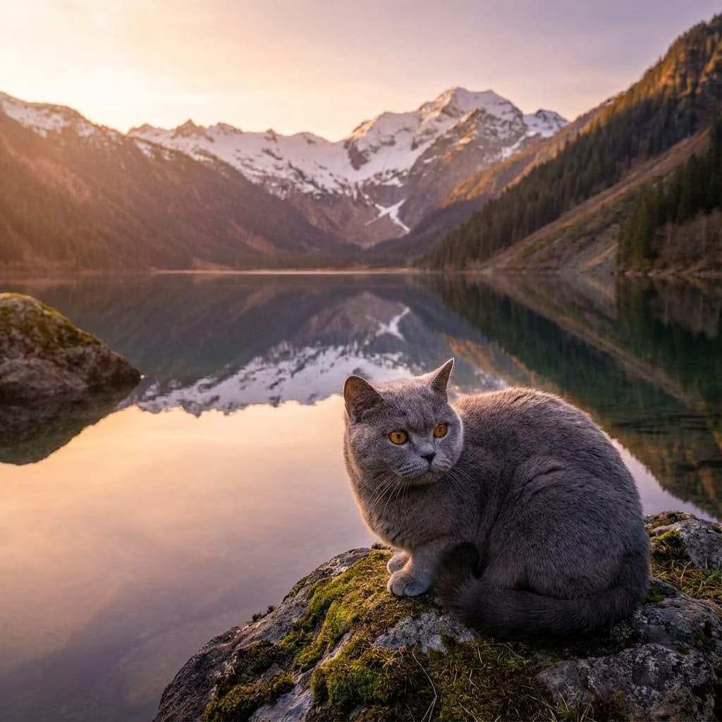 British Shorthair in Lakeside Scene style