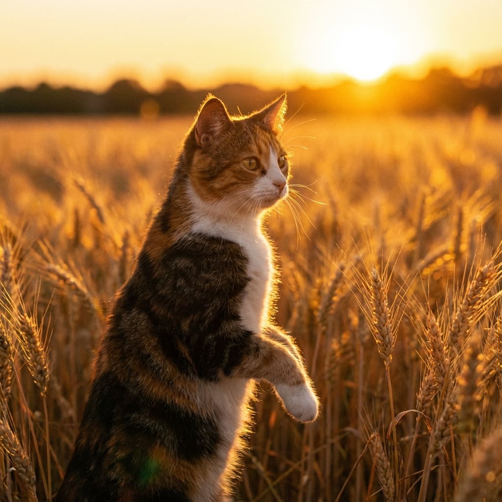 Calico Cat in Golden Hour Field style