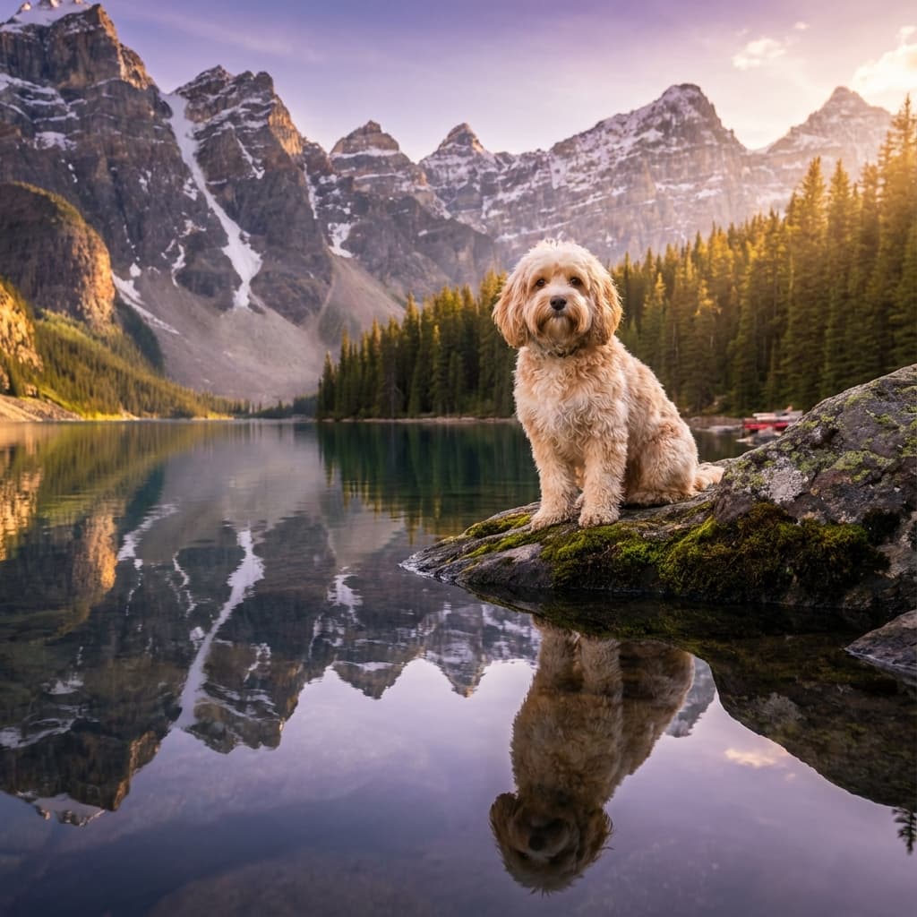 Cavapoo in Lakeside Scene style