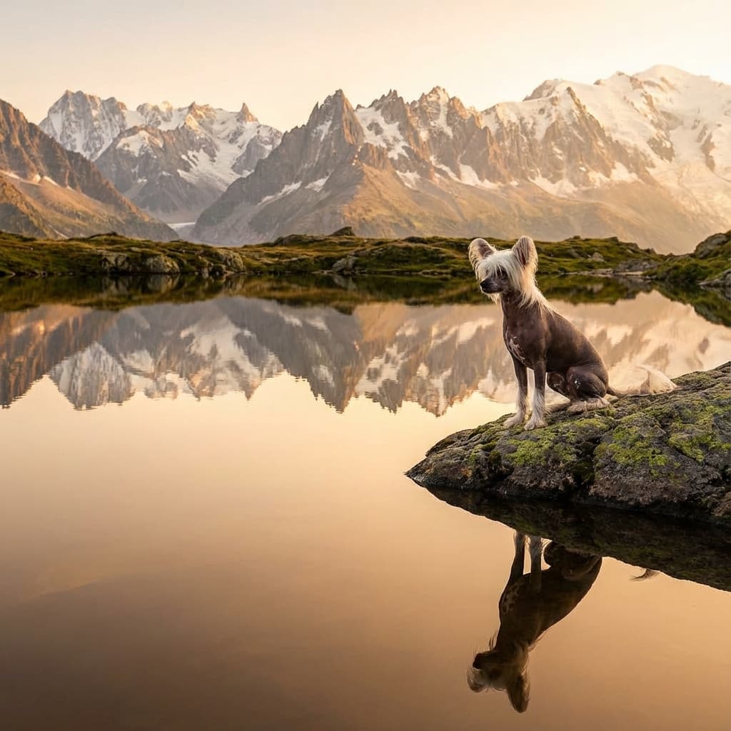 Chinese Crested in Lakeside Scene style