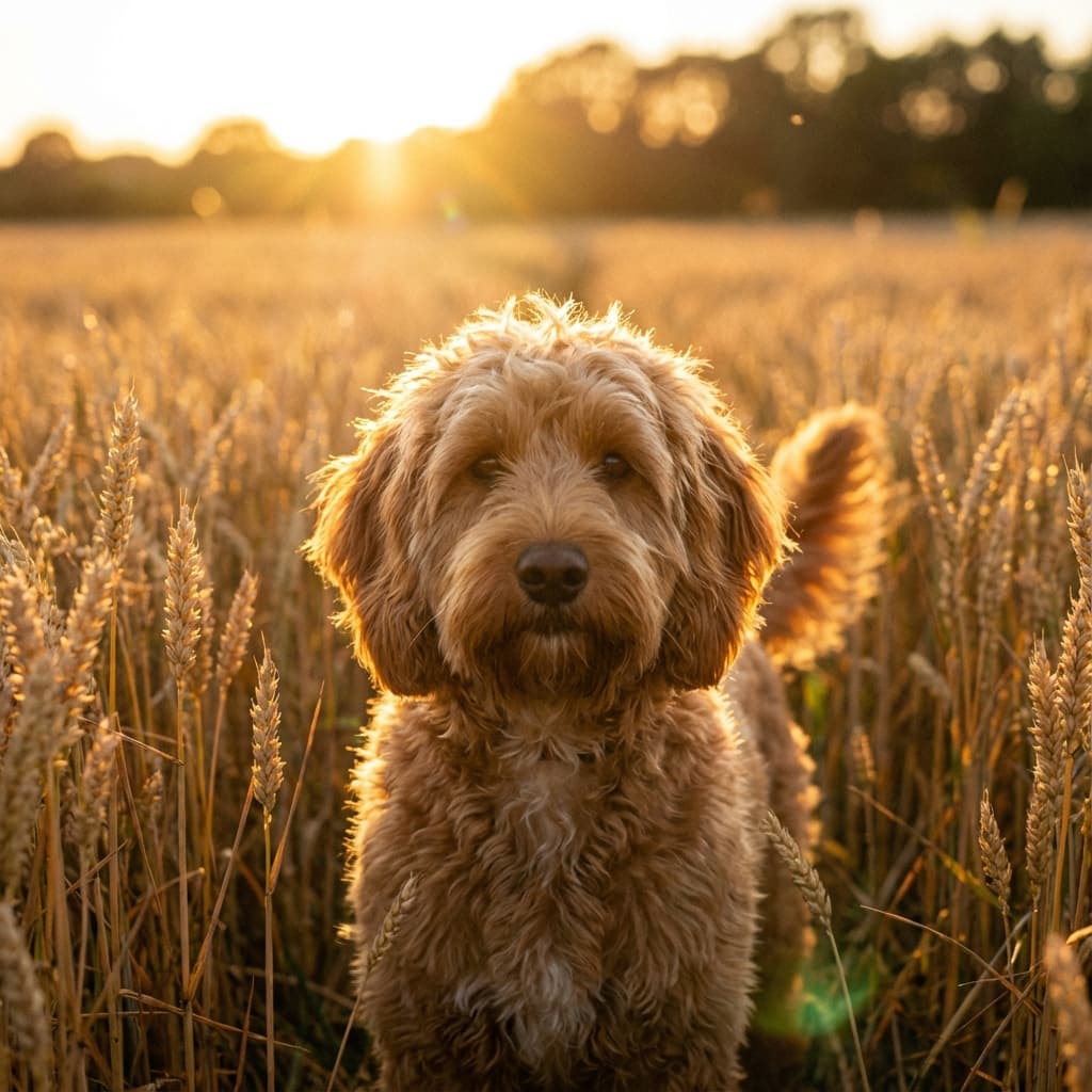 Cockapoo in Golden Hour Field style
