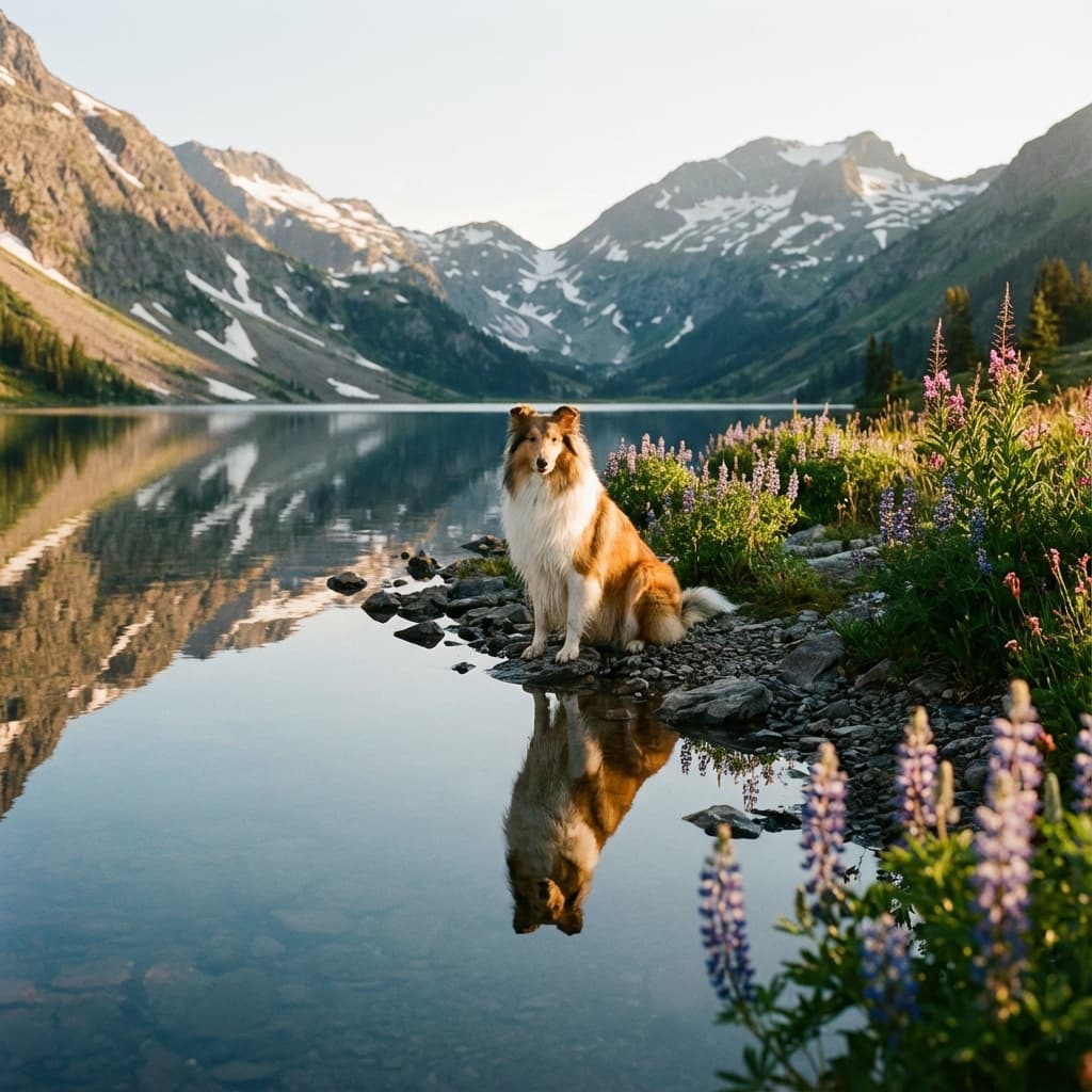 Collie in Lakeside Scene style