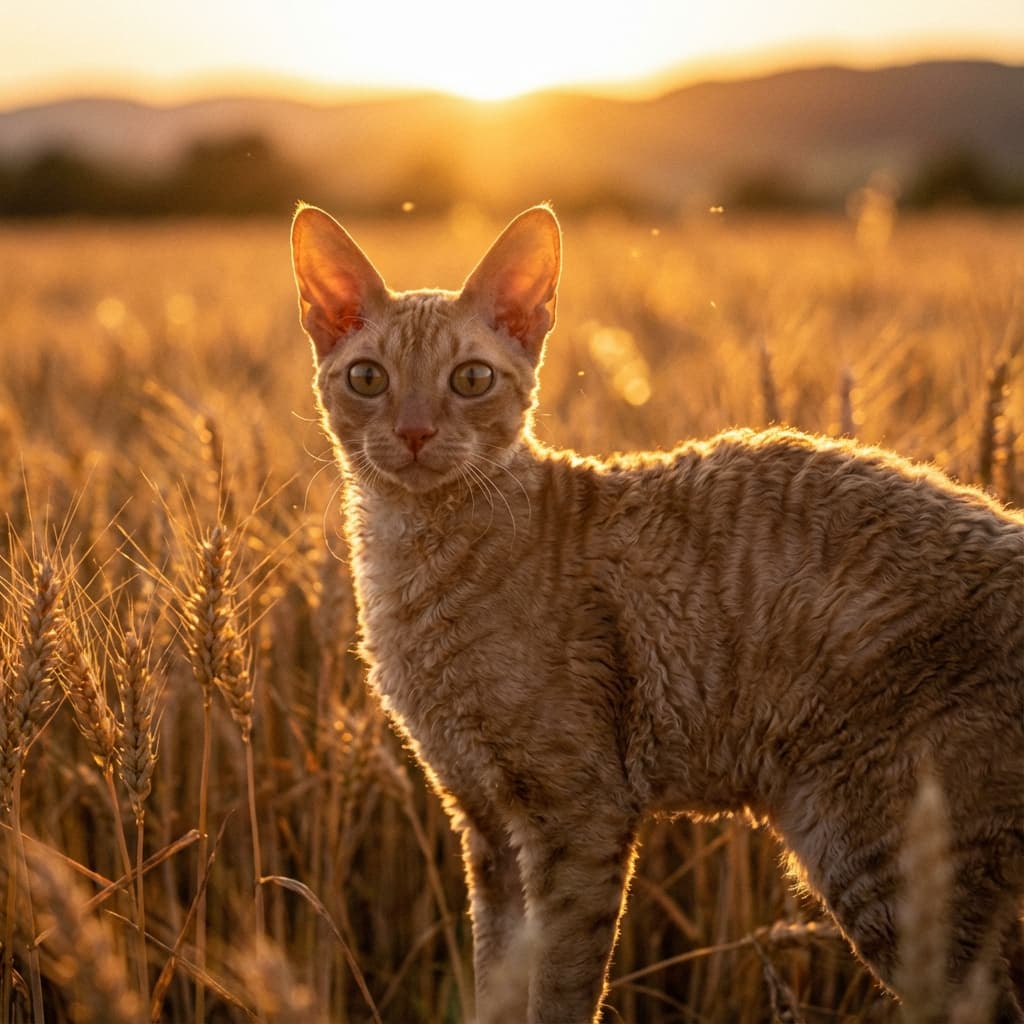 Cornish Rex in Golden Hour Field style