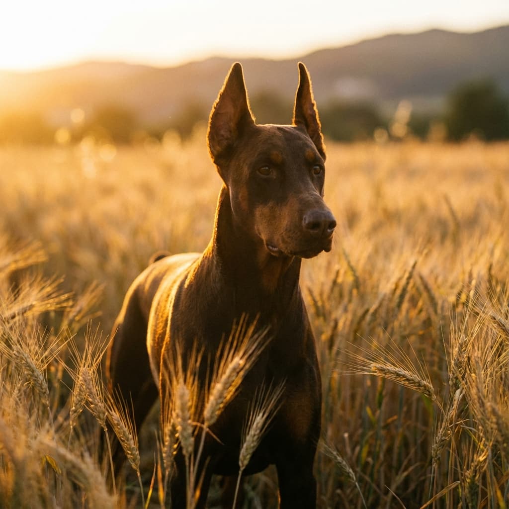 Doberman Pinscher in Golden Hour Field style
