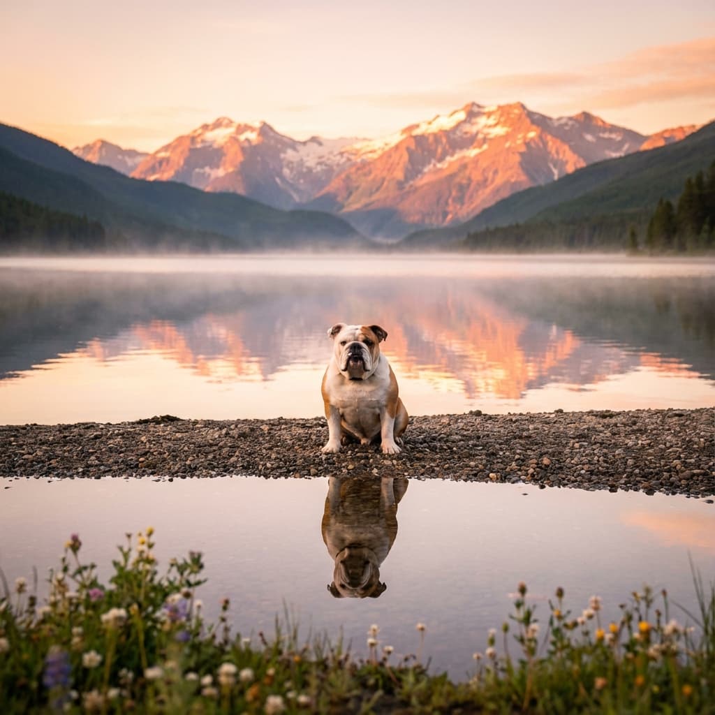 English Bulldog in Lakeside Scene style