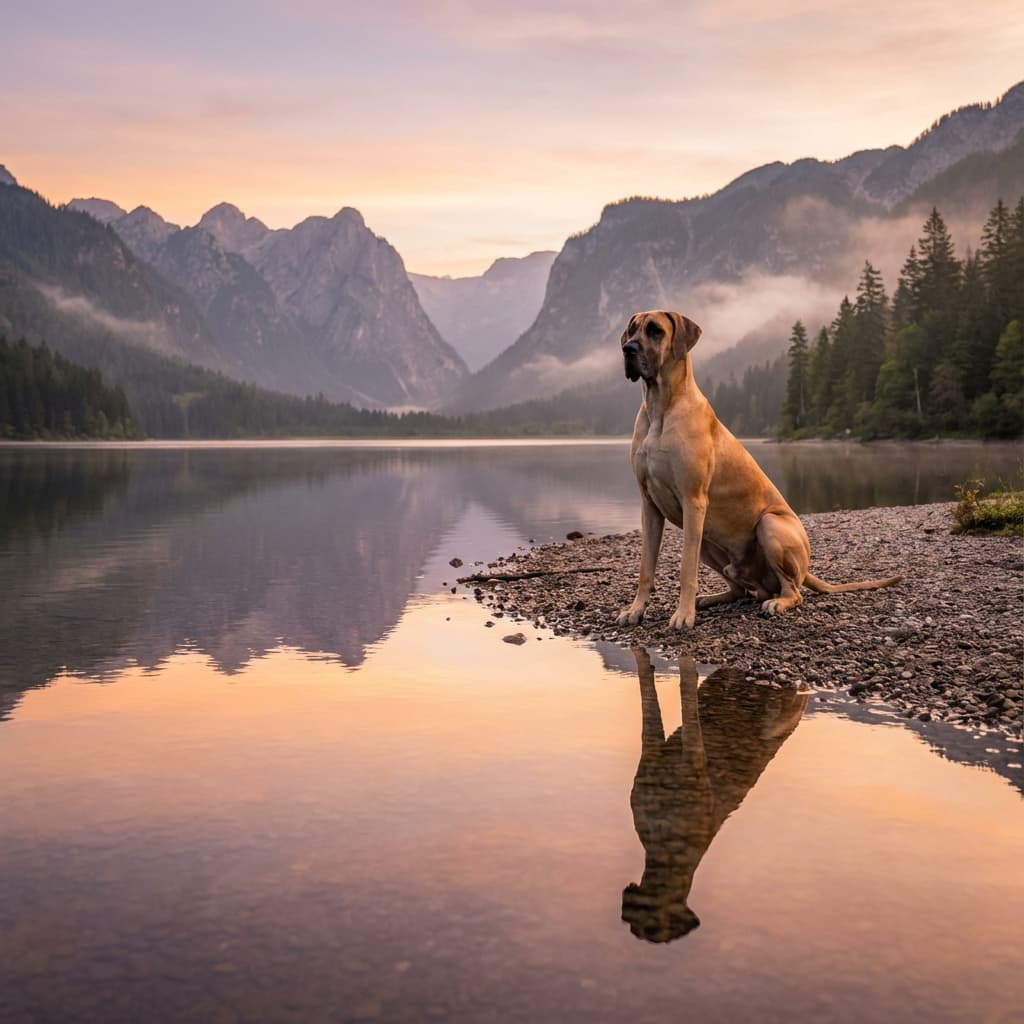 Great Dane in Lakeside Scene style