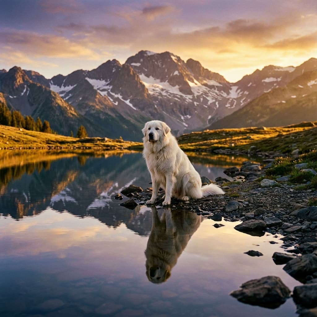 Great Pyrenees in Lakeside Scene style