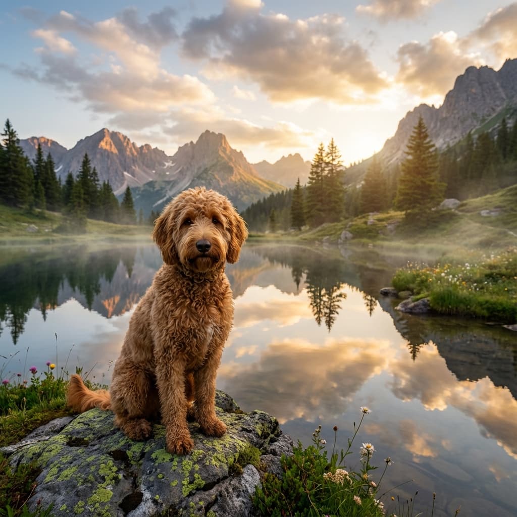 Labradoodle in Lakeside Scene style
