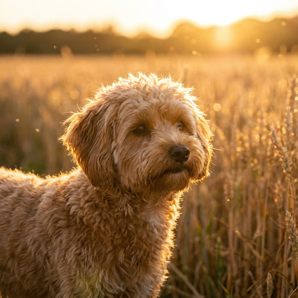 Maltipoo in Golden Hour Field style