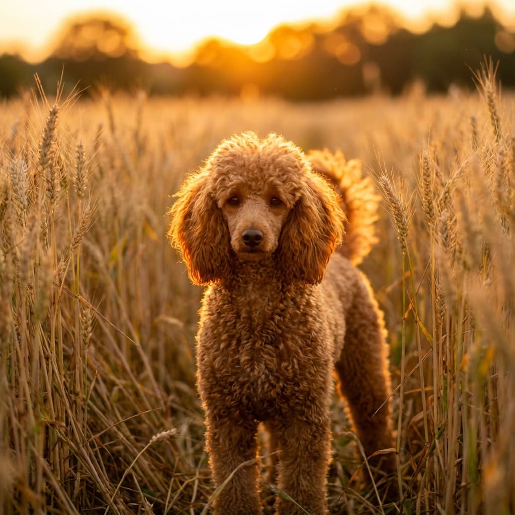 Miniature Poodle in Golden Hour Field style