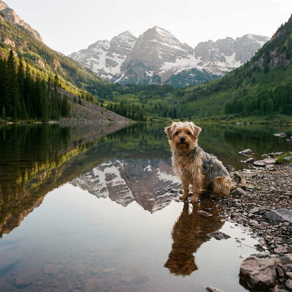 Morkie in Lakeside Scene style