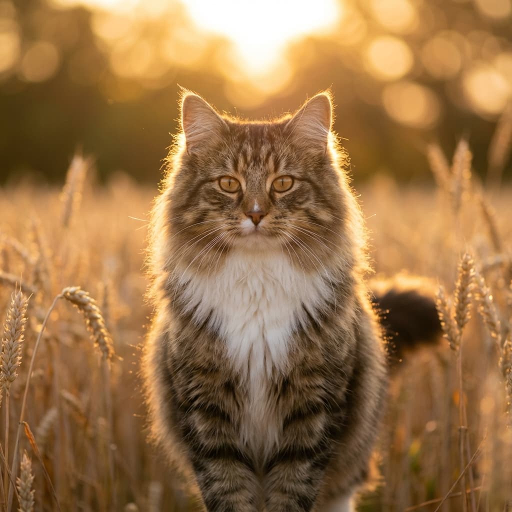 Norwegian Forest Cat in Golden Hour Field style