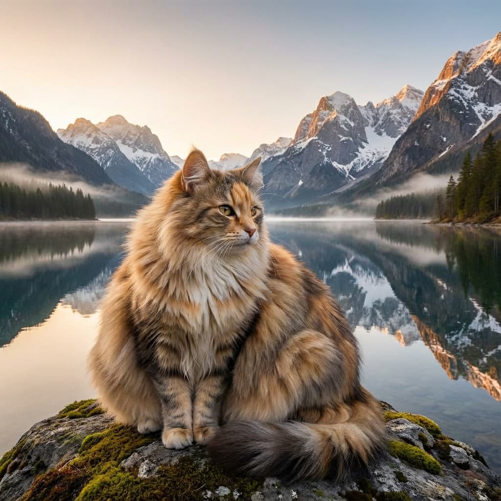 Norwegian Forest Cat in Lakeside Scene style