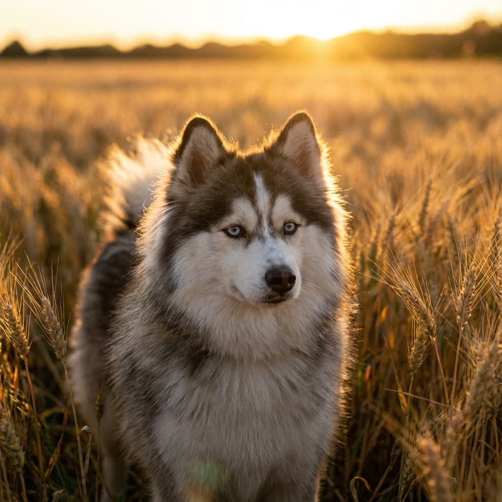 Pomsky in Golden Hour Field style