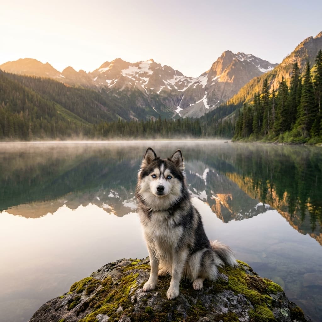 Pomsky in Lakeside Scene style