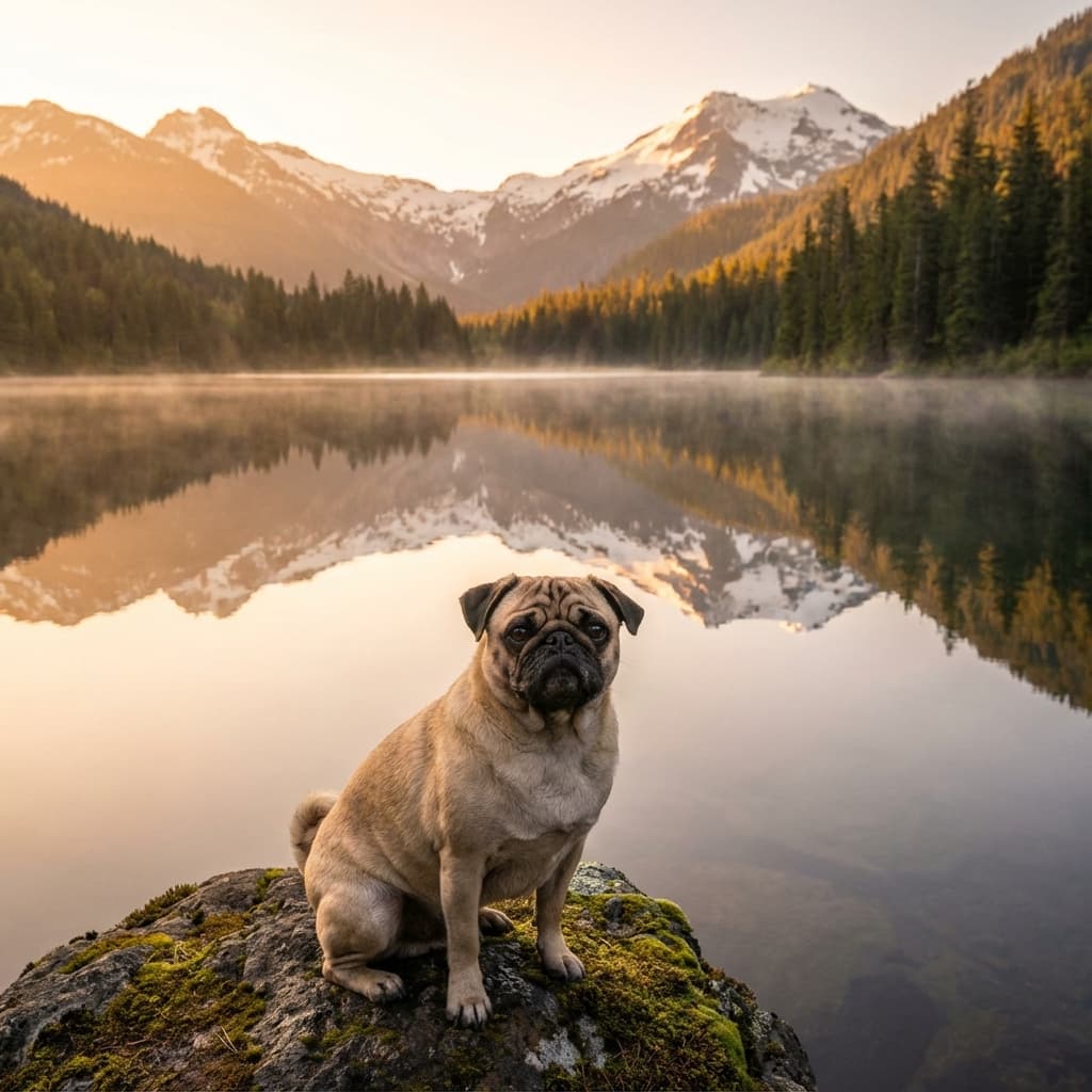 Pug in Lakeside Scene style