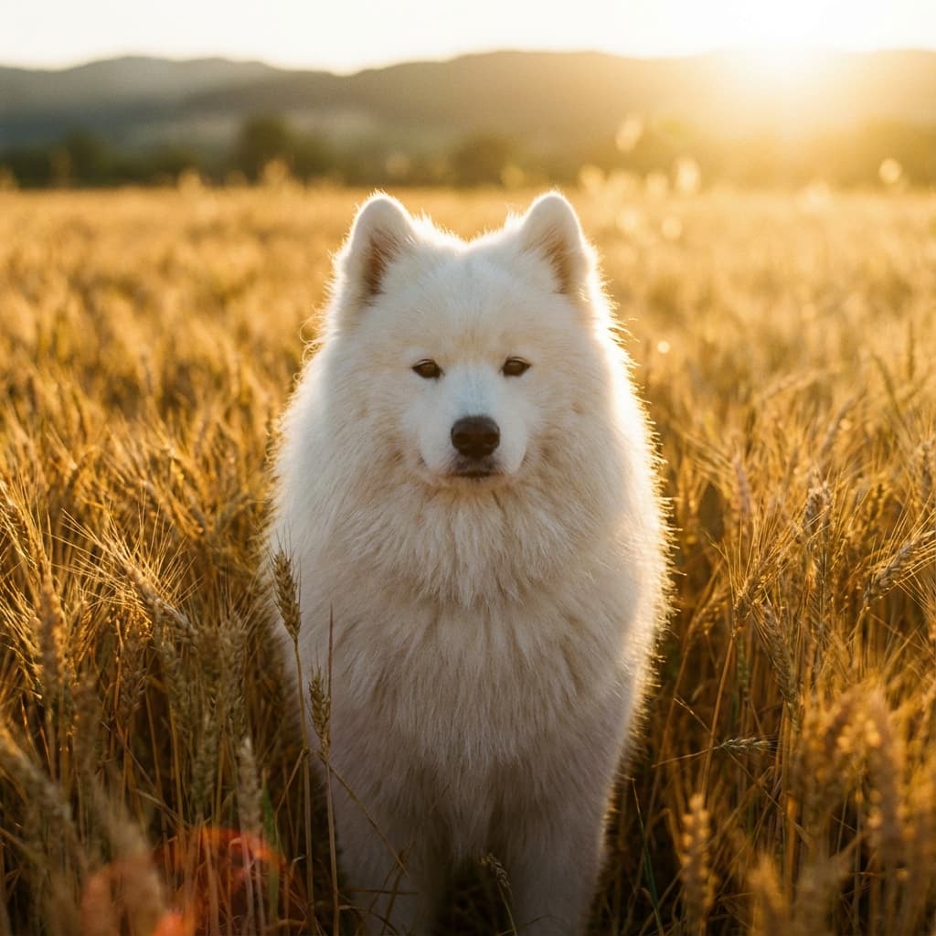 Samoyed in Golden Hour Field style