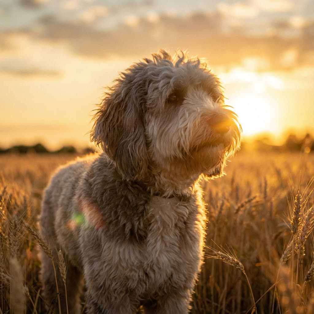 Sheepadoodle in Golden Hour Field style
