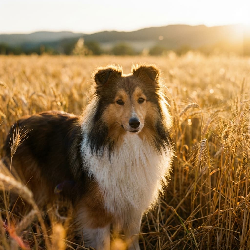 Shetland Sheepdog in Golden Hour Field style