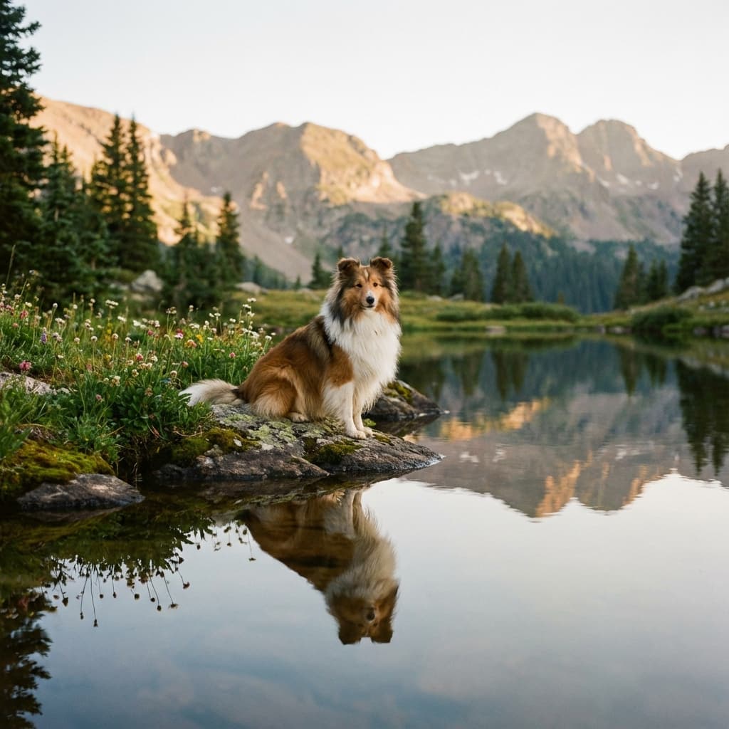 Shetland Sheepdog in Lakeside Scene style