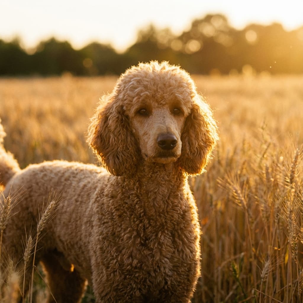 Standard Poodle in Golden Hour Field style