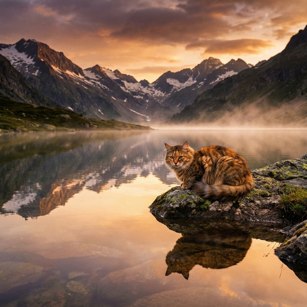 Tabby Cat in Lakeside Scene style