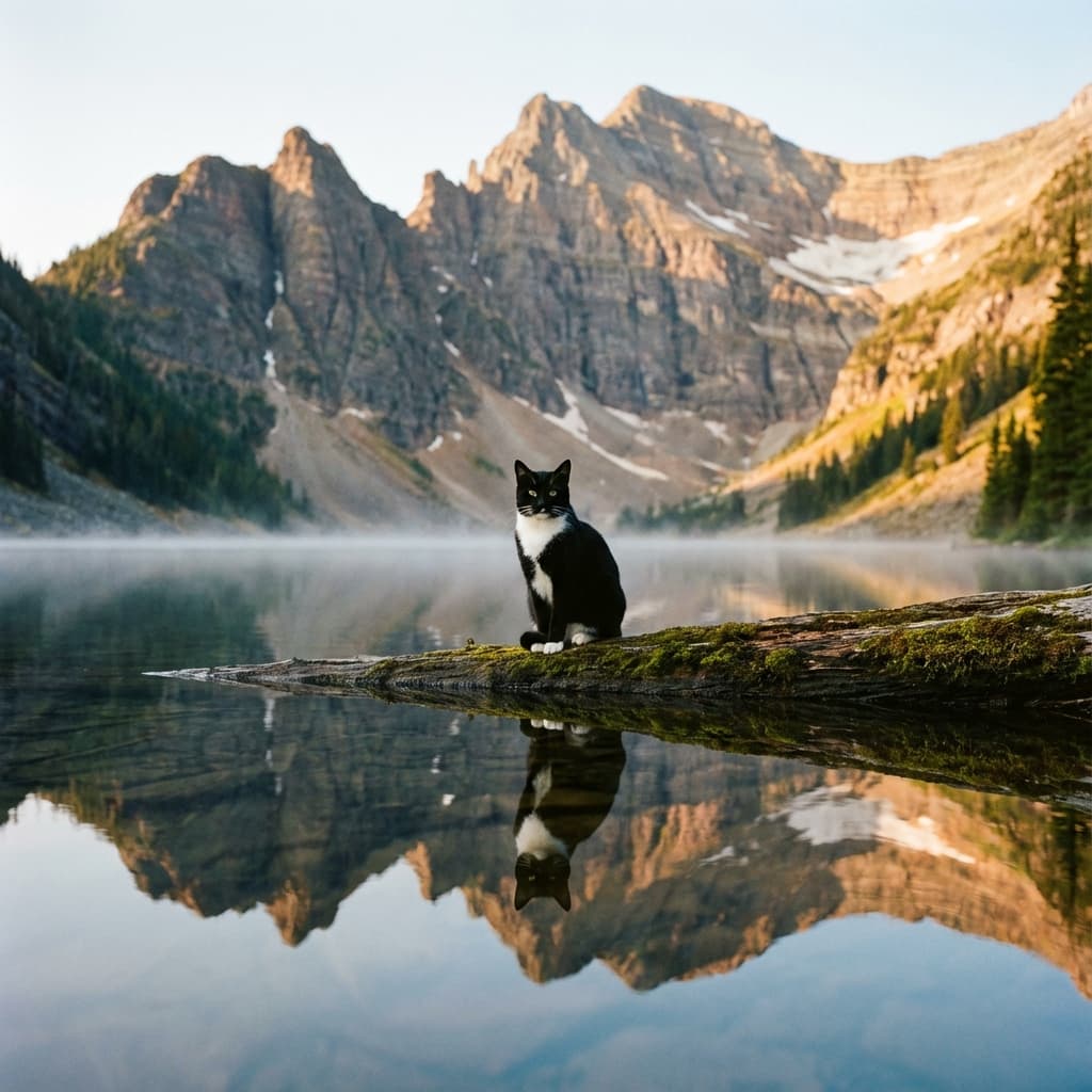 Tuxedo Cat in Lakeside Scene style