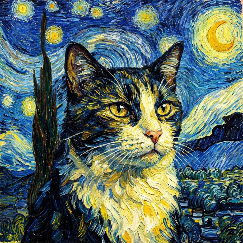 Tuxedo Cat in Van Gogh style