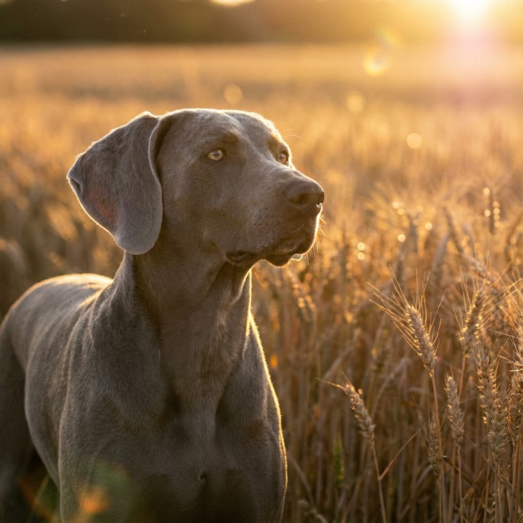 Weimaraner in Golden Hour Field style