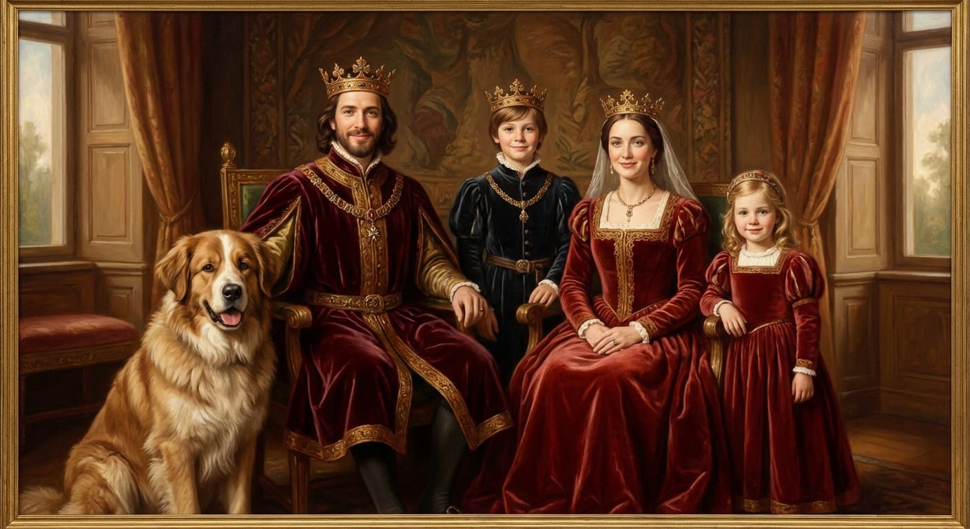 Family with dog in royal portrait style