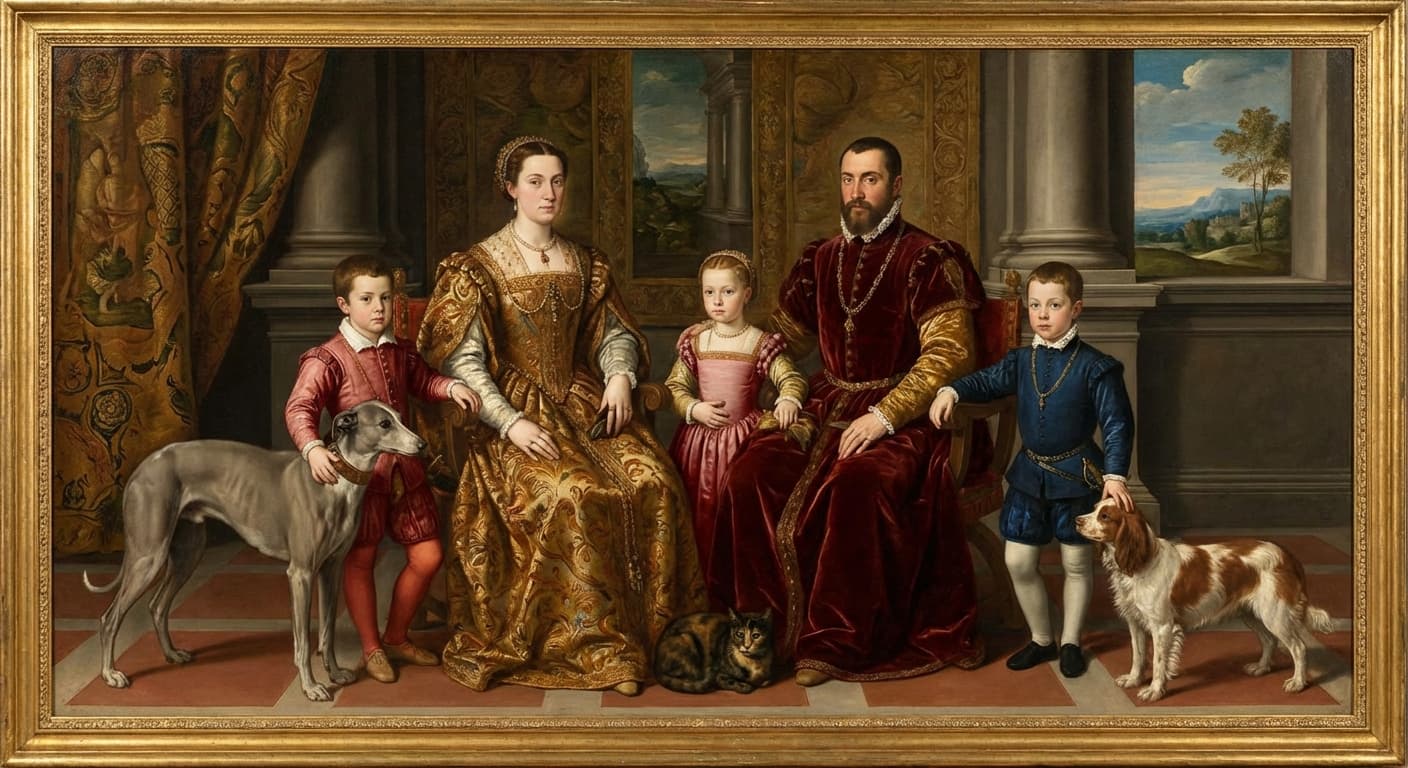 Family with multiple pets portrait