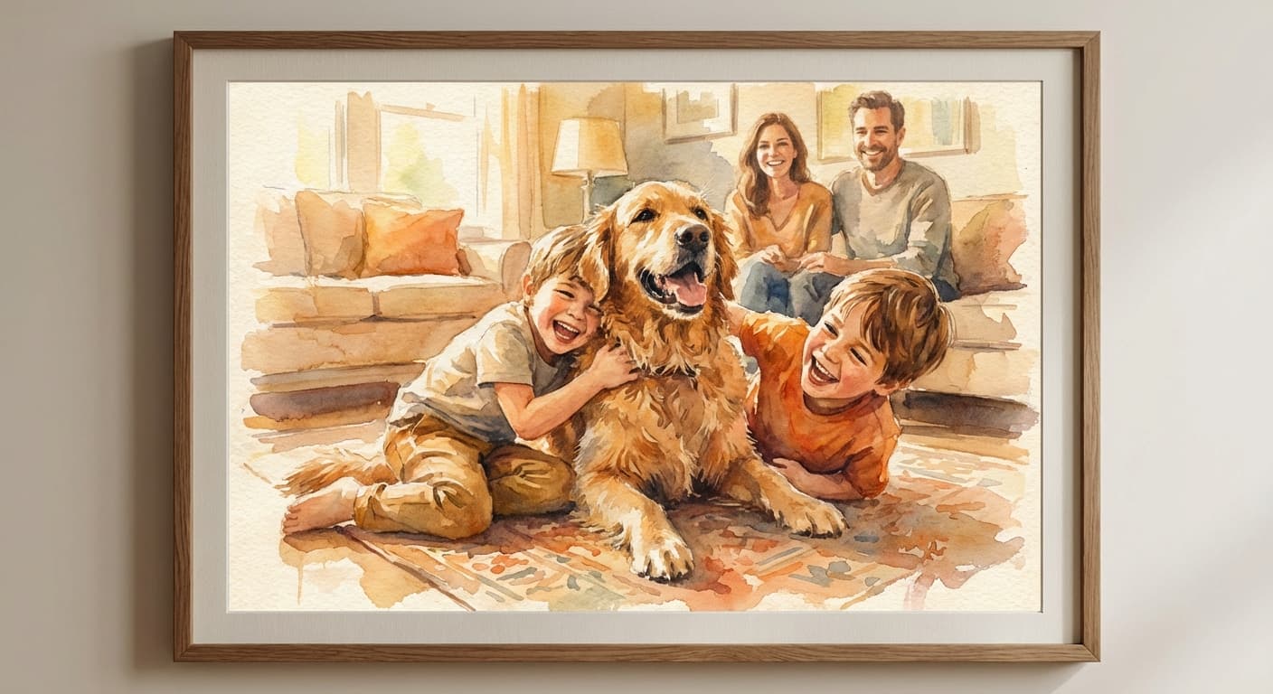 Children with family dog portrait
