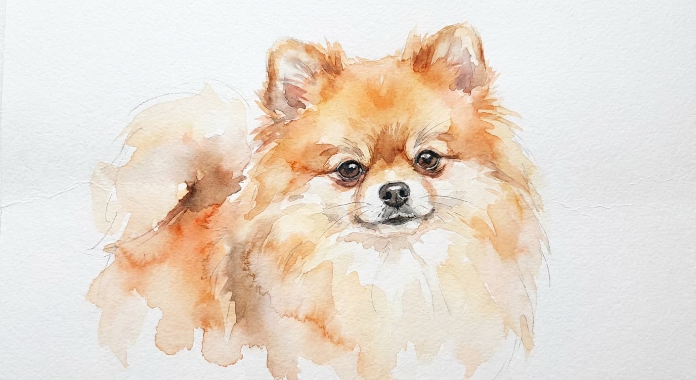 Pomeranian pet portrait in Watercolor style