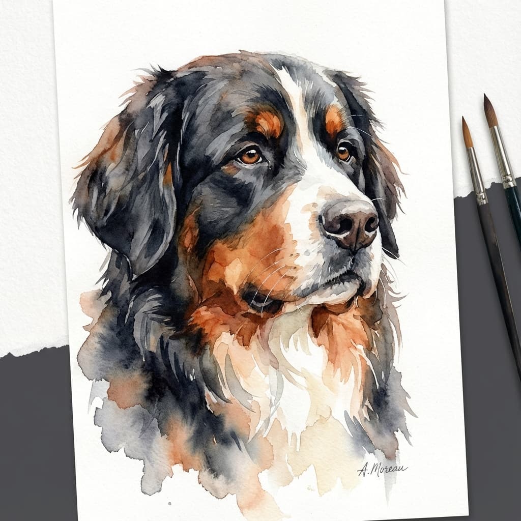 Bernese Mountain Dog in Watercolor style
