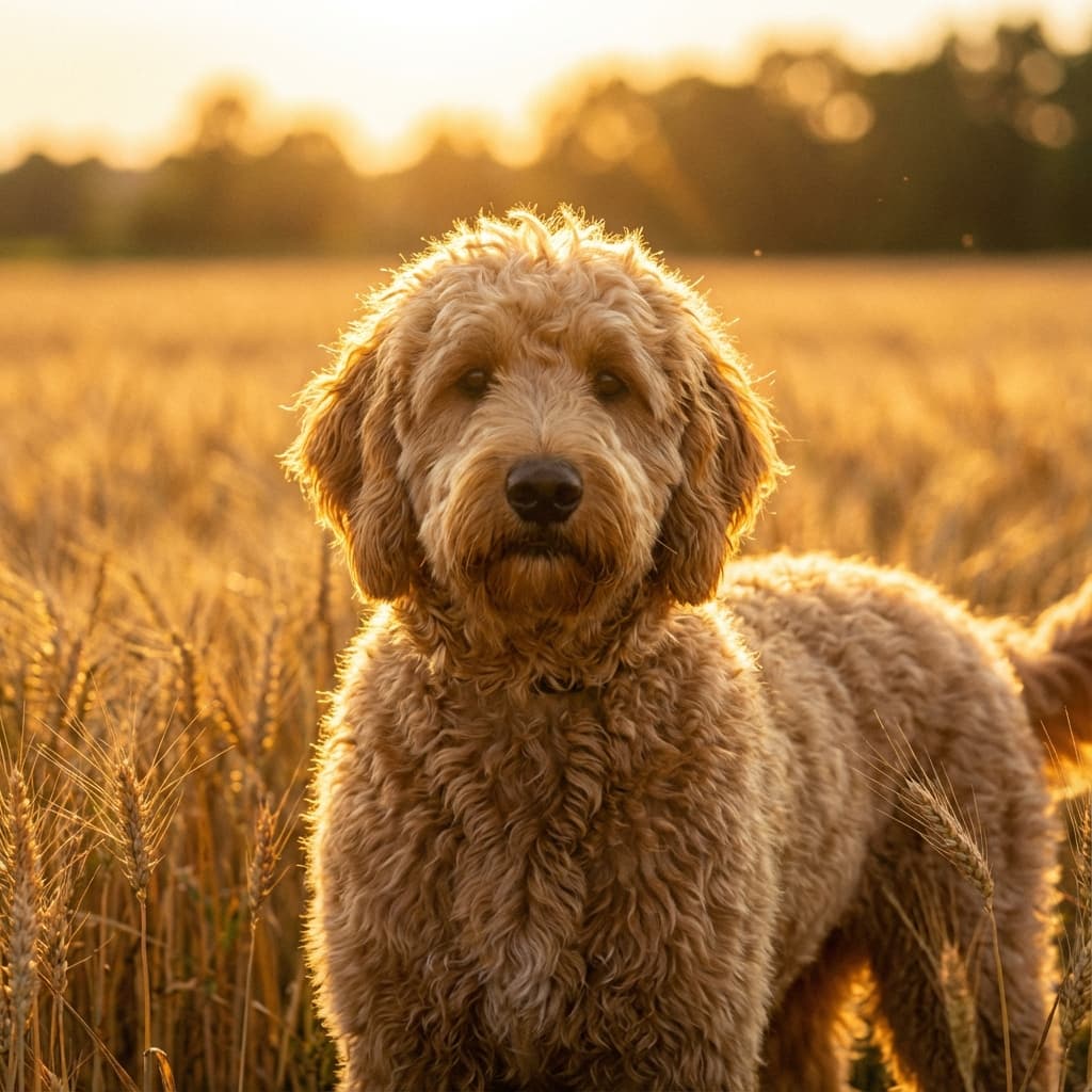 Goldendoodle in Golden Hour Field style