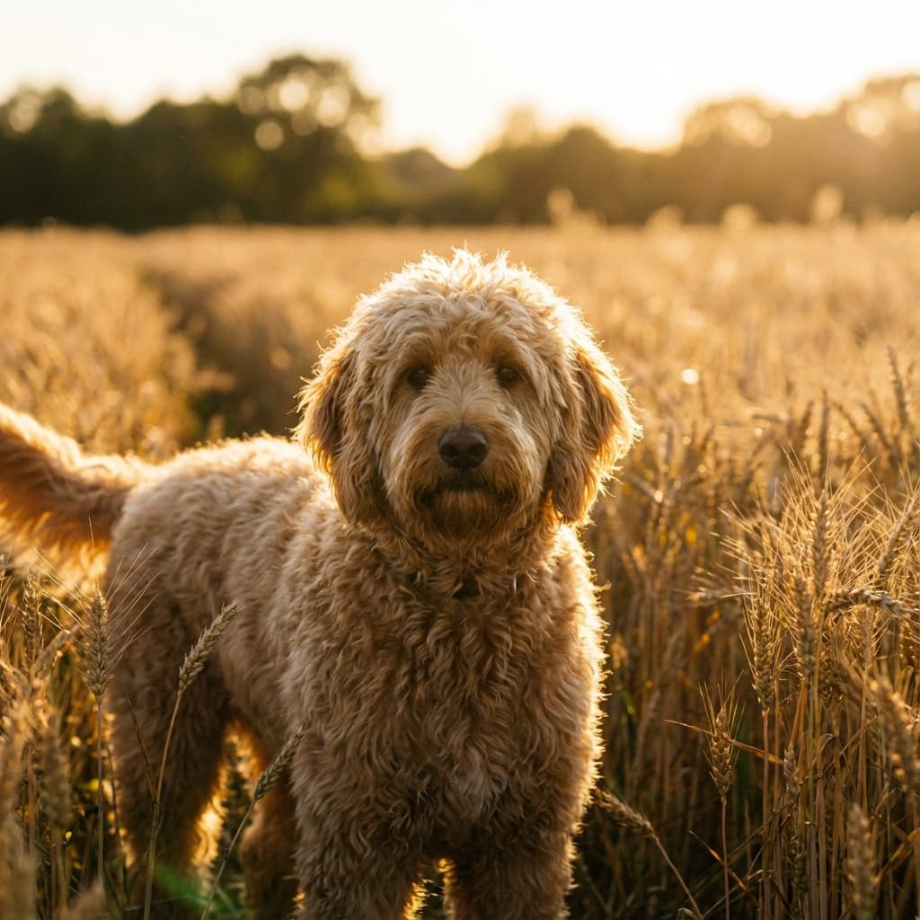 Labradoodle in Golden Hour Field style