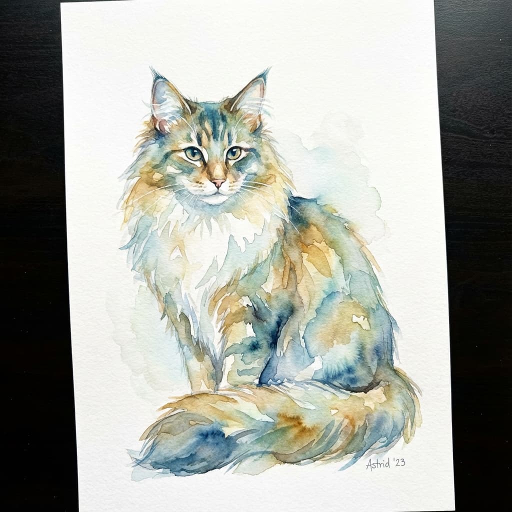 Norwegian Forest Cat in Watercolor style