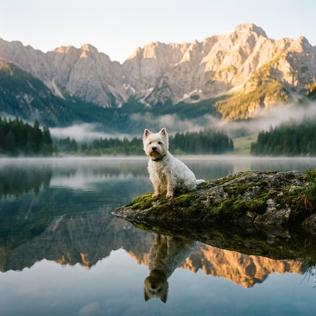 West Highland White Terrier in Lakeside Scene style